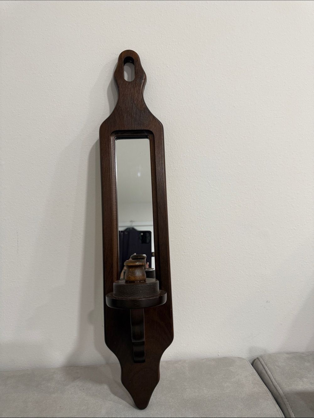 Vintage Mirrored Candle Sconce Wooden Wall Candlestick Holder 70s